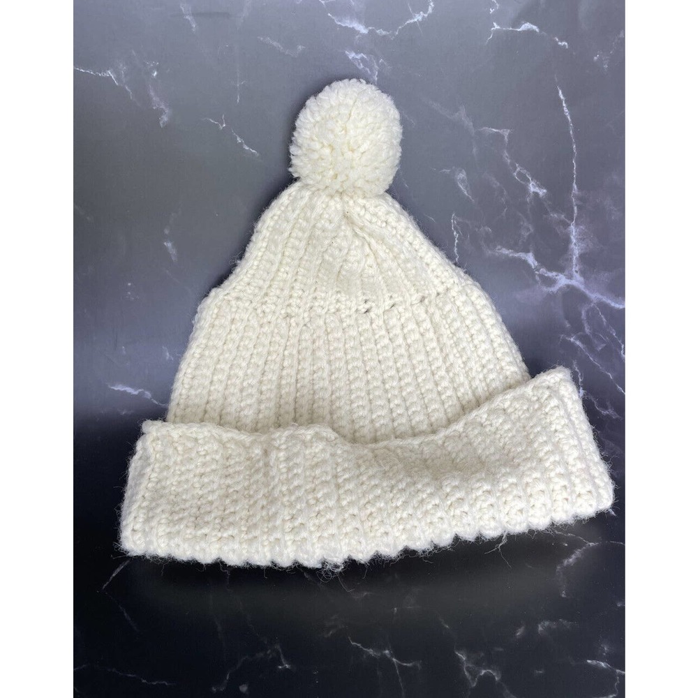 Crochet Beanie Hat Pom Pom Knit Cream Color One Size Handmade Women’s Winter Cap
